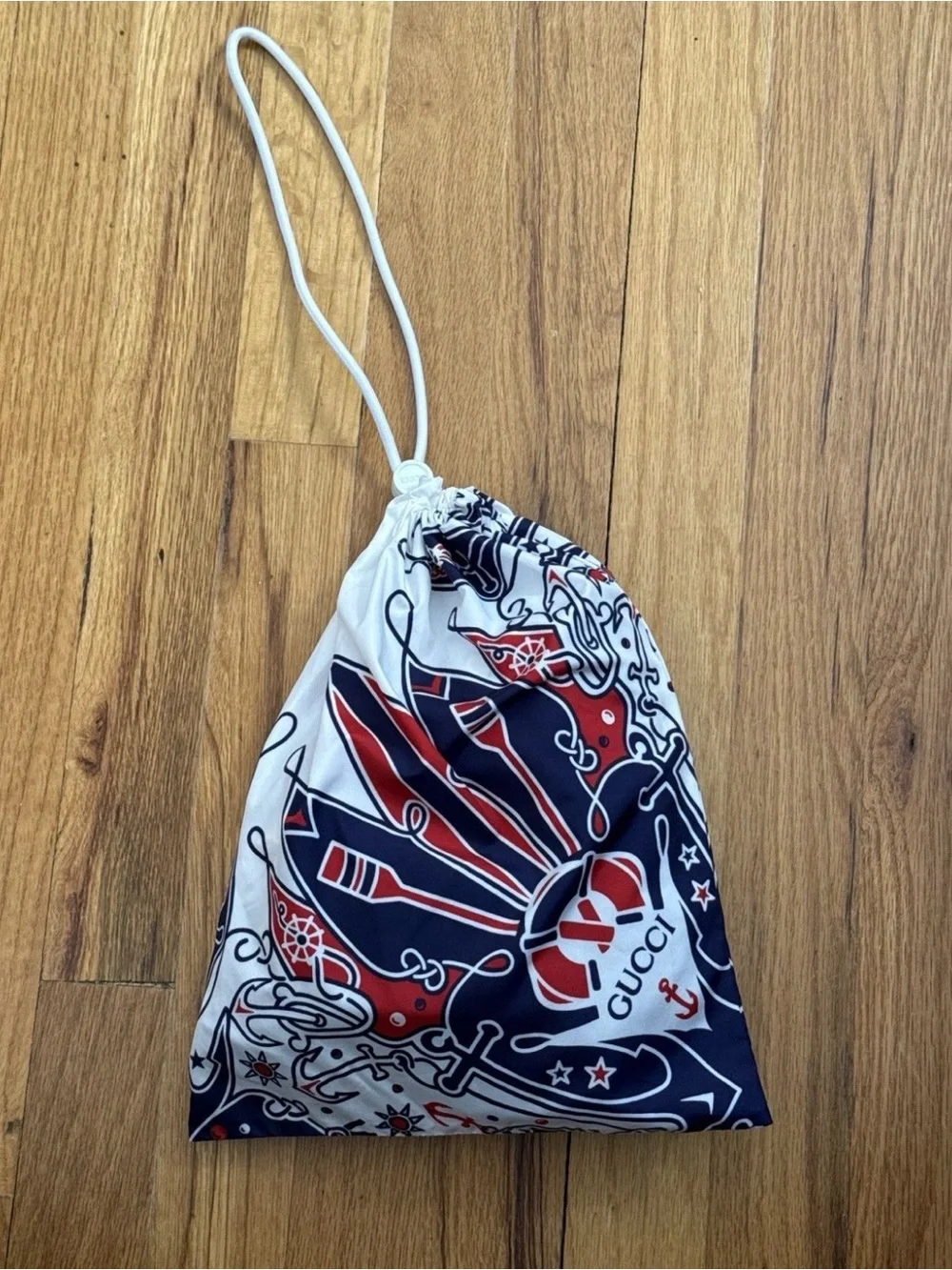 Gucci Men’s Navy, White & Red Graphic Swim Shorts